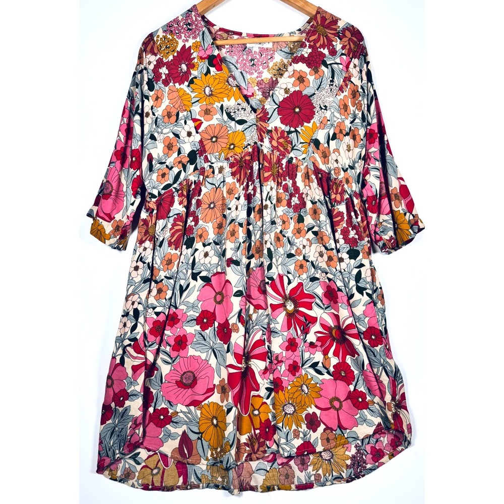 Natural Life Dress Small Pink Floral Empire Waist Babydoll Tunic Pockets Boho